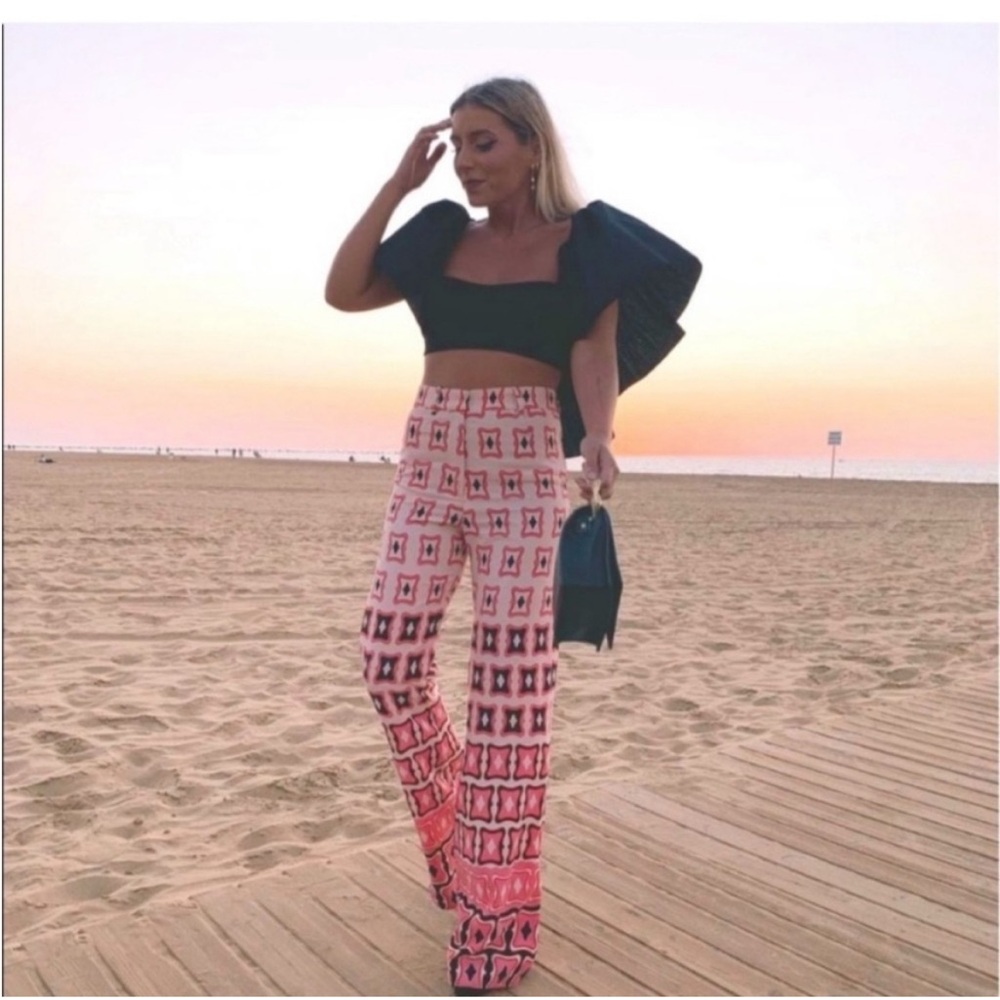 Zara Pink and Black Flare Leg Pants with Geometric Print